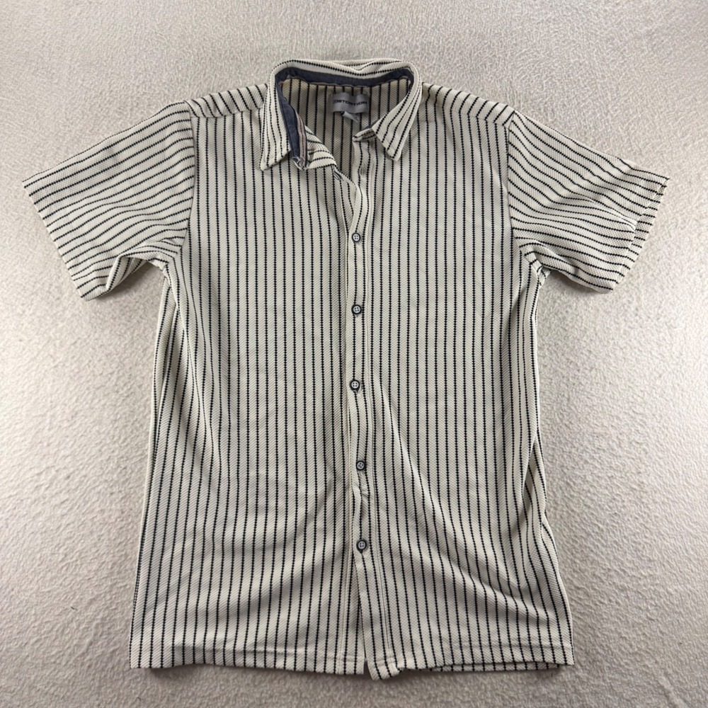 Distortion Button Down Shirt Boys L 14/16 Cream Black Striped Waffle Preppy